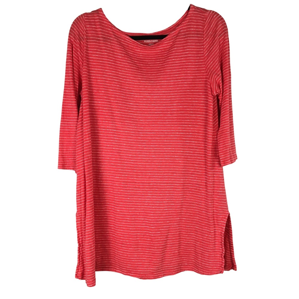 Eileen Fisher Red White Striped Organic Linen Tunic‎ Top S Boat Neck 3/4 Sleeve